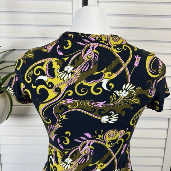 L'Agence Ressi Top Blue Olive Abstract Scarf Print Stretch Knit Blouse Size XS - Picture 6 of 10